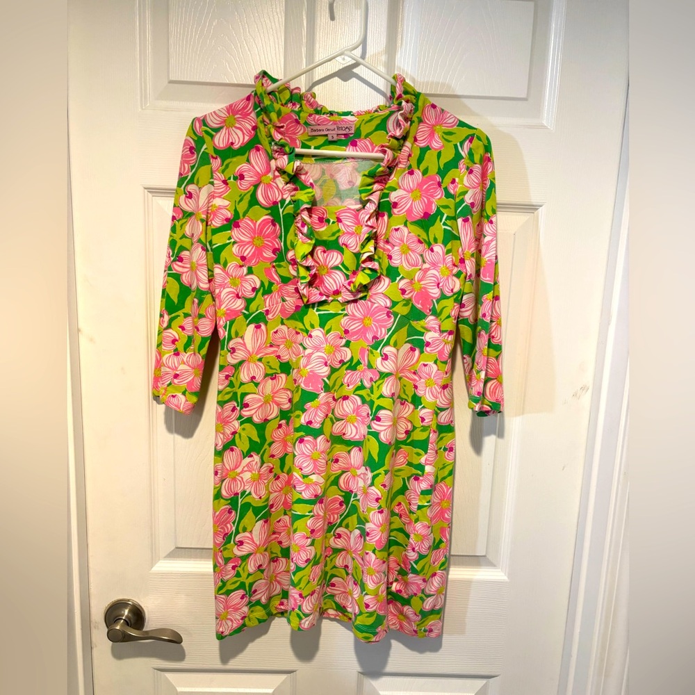 BARBARA GERWIT Vintage-inspired Floral Pink and Green Dress